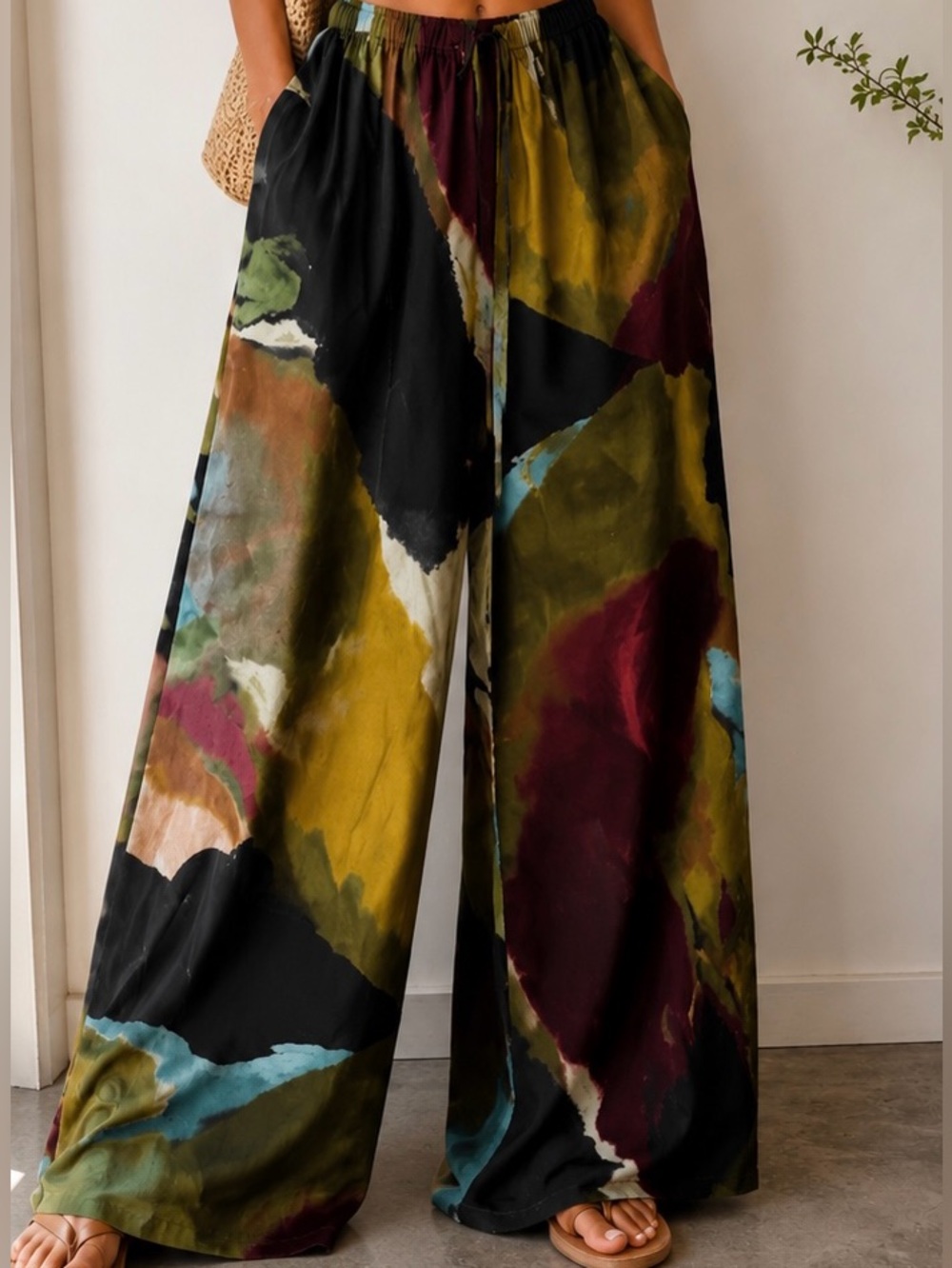 Topshop Abstract Print Wide Leg Pants US 6 Flowy Boho Resort Lounge Palazzo